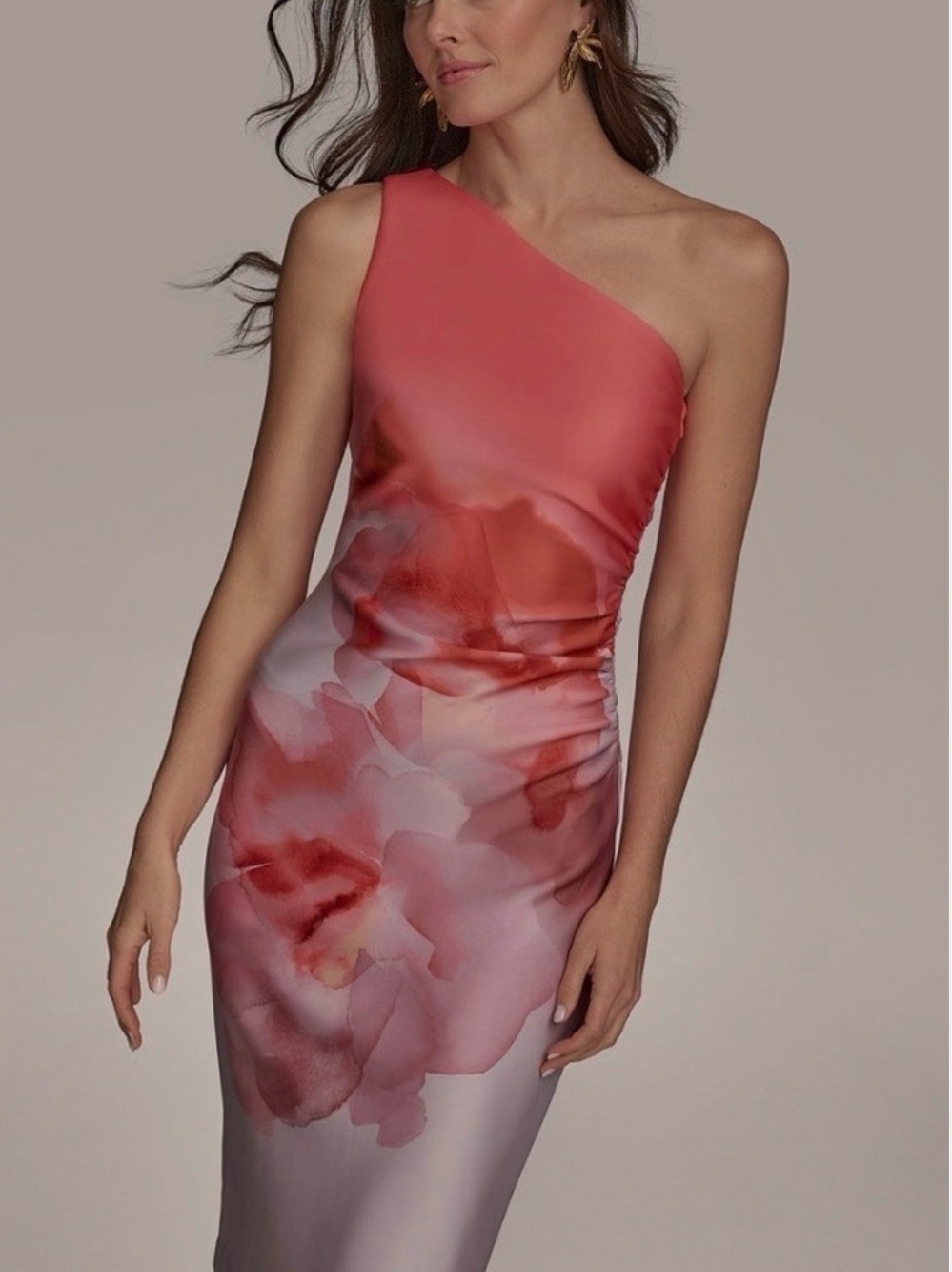 Donna Karan One-Shoulder Coral and Pink Floral Sheath Dress